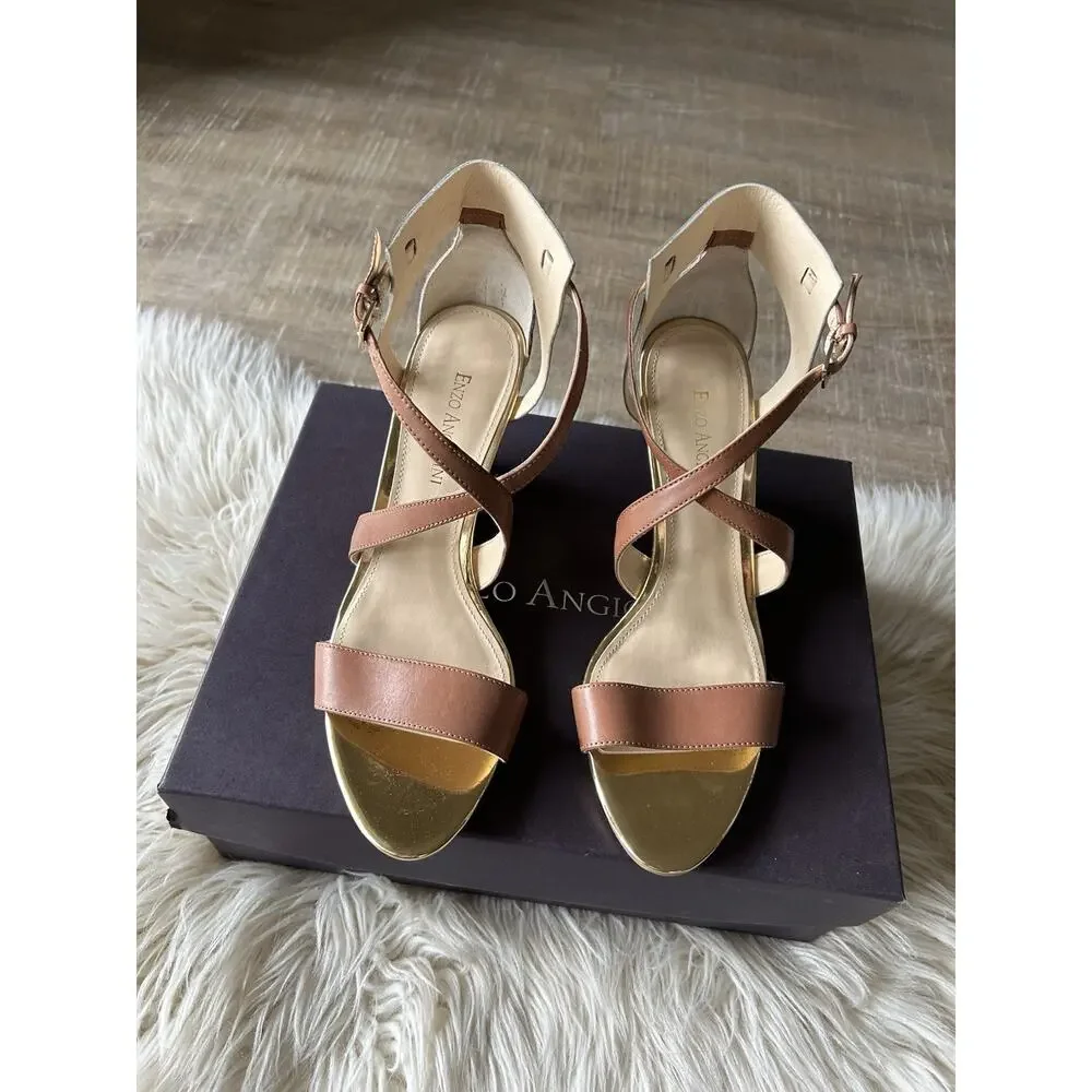 Enzo Angiolini McKinney Wedge Sandals 8.5 Women’s Brown Leather Ankle Strap NIB
